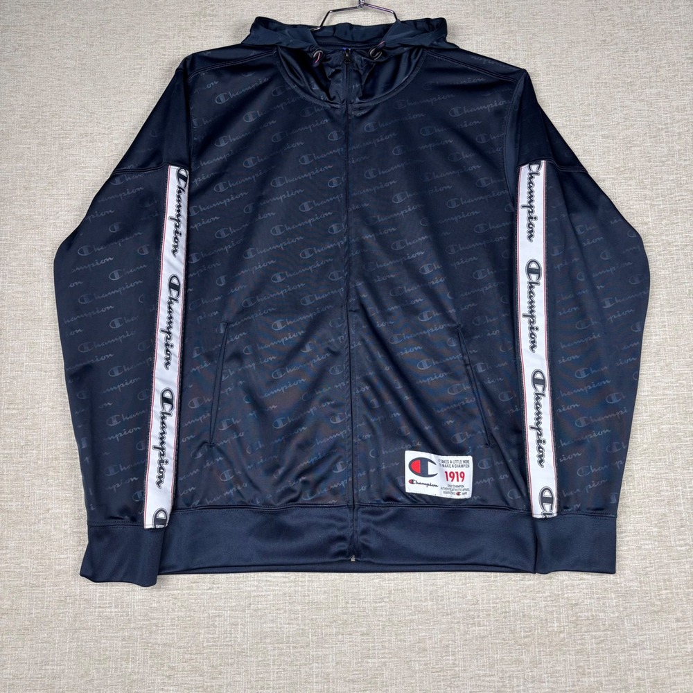 Champion Mens Navy Blue Monogram Logo Tape Full Zip Track Jacket Hoodie Medium